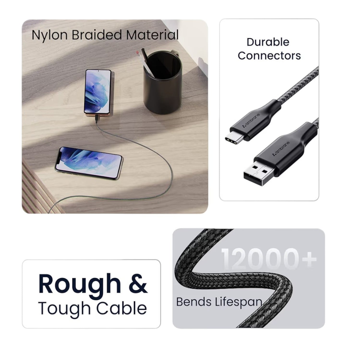 Ambrane USB-A to Type-C Braided Fast Charging Cable