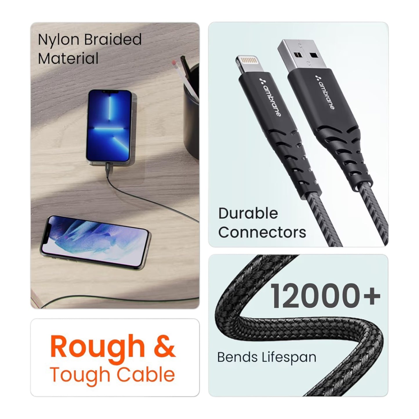 Ambrane USB-A to Lightning Braided Fast Charging Cable