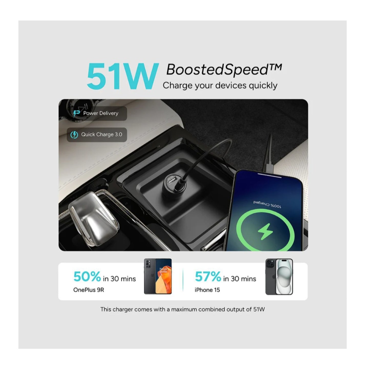 51W PD + QC 3.0 Fast Car Charger | Dual Port USB-A & Type-C