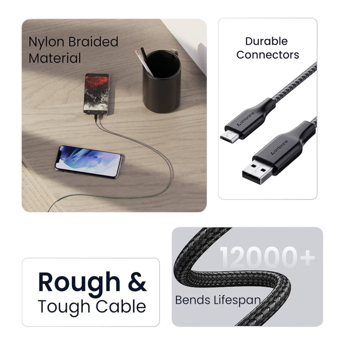 Ambrane USB-A to Micro USB Braided Fast Charging Cable