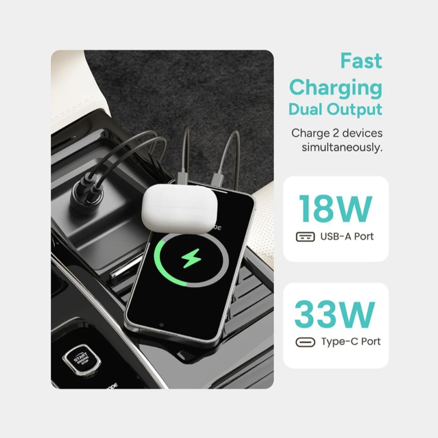 51W PD + QC 3.0 Fast Car Charger | Dual Port USB-A & Type-C