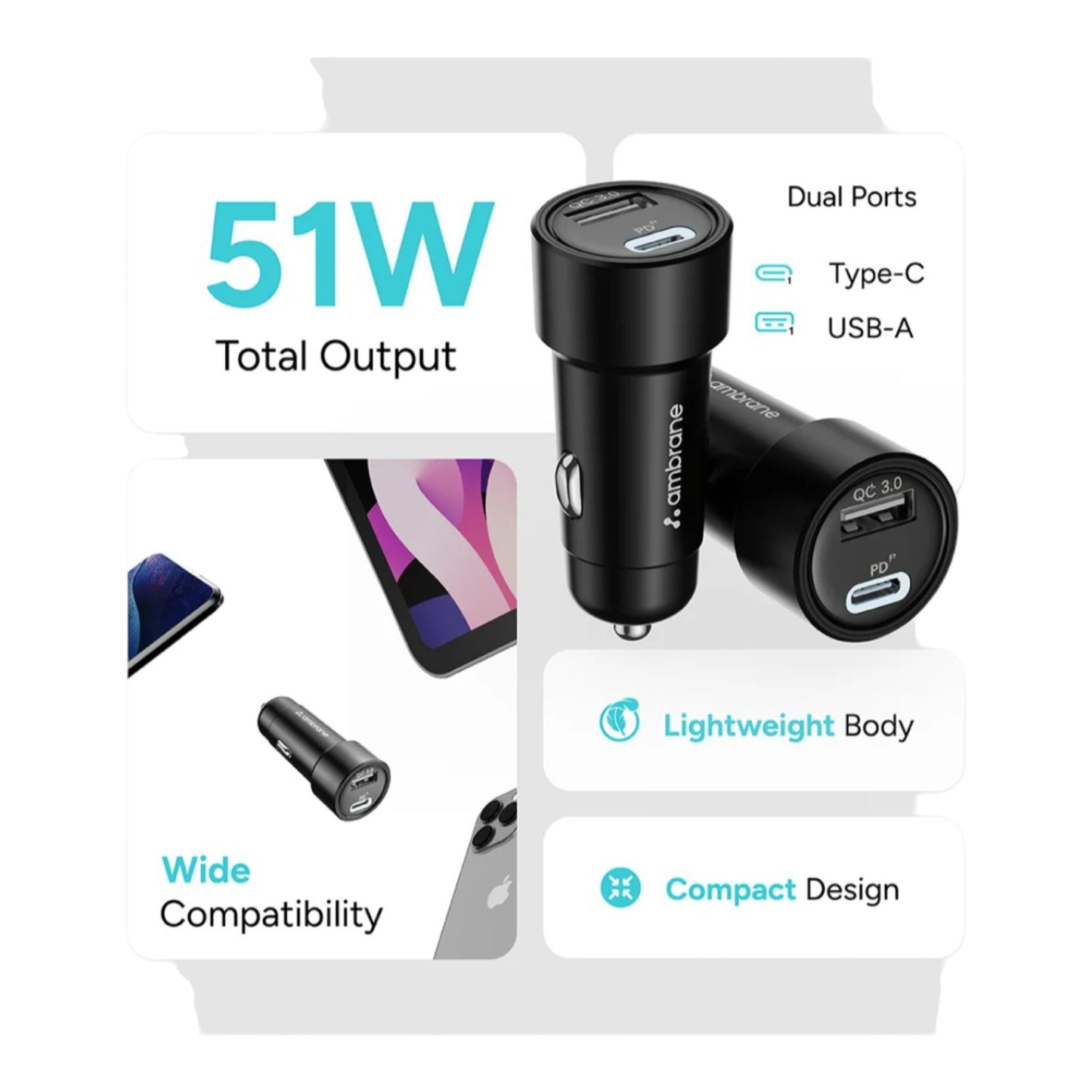51W PD + QC 3.0 Fast Car Charger | Dual Port USB-A & Type-C